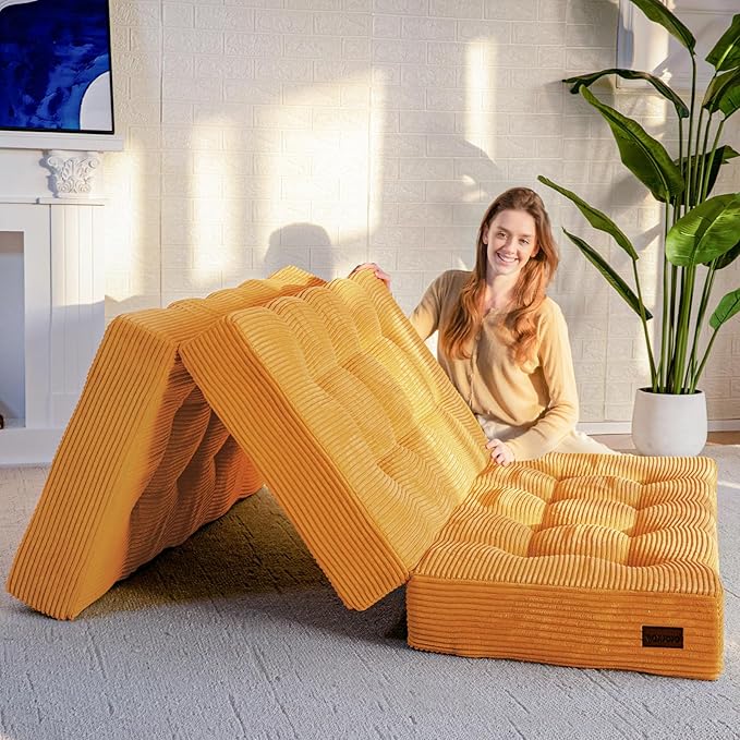 MAXYOYO Tri-Fold Mattress, 6 Inch Tufted Folding Futon Foam Bed, Foldable Floor Mattress Guest Bed Futon Topper Portable Camping Sleeping with Corded Fabric, Orange, 53"x75"