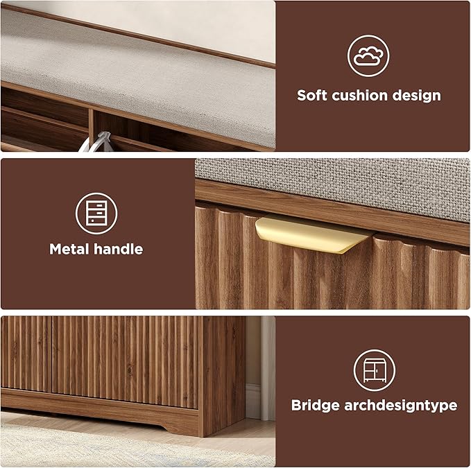 Maupvit Fluted Shoe Bench with Storage, Narrow Wooden Entryway Bench with Removable Cushion & 2 Flip-Drawers, Shoe Cabinet Bench, Farmhouse Boho Shoe Rack for Entrance, Hallway, Living Room (Walnut)