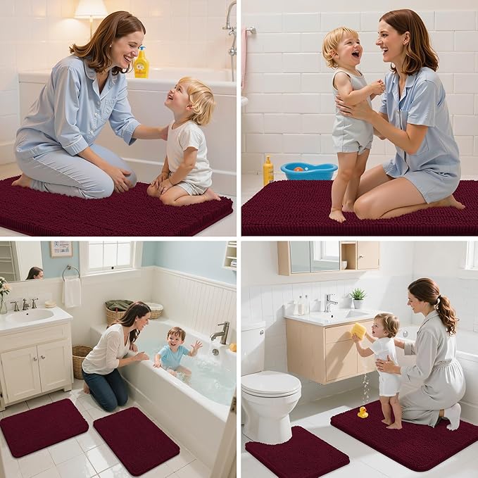 Arotive Bathroom Rugs 44x24, Extra Soft Absorbent Shaggy Chenille Bath Rugs, Machine Washable Rubber Backing Non-Slip Bath Mats for Bathroom Floor Tub and Shower, Home Decor Accessories, Burgundy