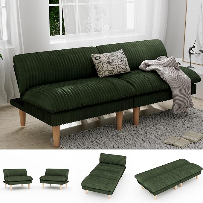 69" Futon Sofa Bed, 4 in 1 Multi-Function Couch Sleeper with Adjustable Backrest, Modern Convertible Futon, Recliner Small Loveseat for Living Room, Dorm, Plush Green