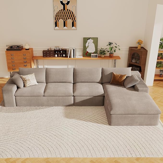 136" Cloud Sectional Couch with L-Shape Chaise, Corduroy Viral Boneless Sofa for Living Room,Modern Memory Foam Couches in a Box with Deep Seat,No Assembly Required (Camel,Right-Facing Chaise)