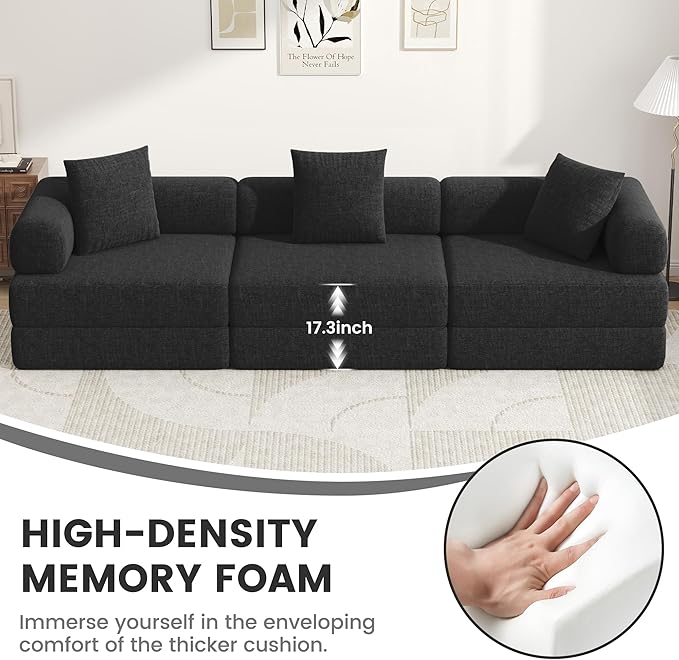 DURASPACE 117.6'' Folding Convertible Sofa Bed Boneless Foam Sectional Couches with Fixed-Shape Frame, 3-Seater Modular Floor Sleeper Sofa for Living Room (Chenille Black)
