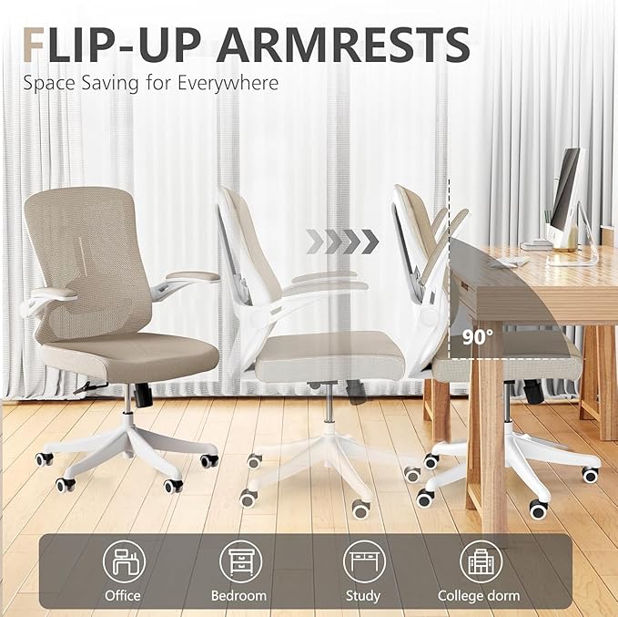 Ergonomic Office Chair with Adjustable Lumbar Support & Flip-Up Armrests - High Back Computer Desk Chair with Thickened Seat Cushion, Rolling Wheels for Home/Office Study Work (08khaki)