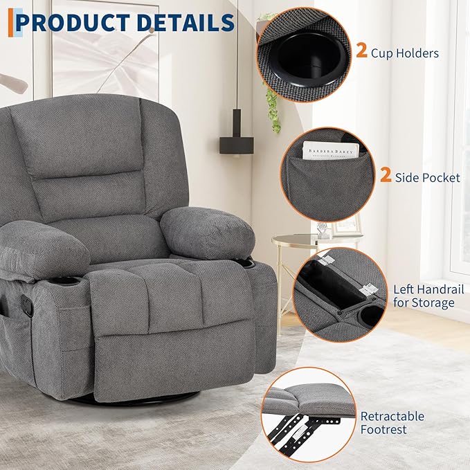 Rocker Recliner Chairs for Adults w/Vibration Massage and Heating,360° Swivel Rocker Glider Recliner,Extra Wide Manual Lazy Chair,Chenille Fabric Sofa Chair for Living Room,Bedroom Grey