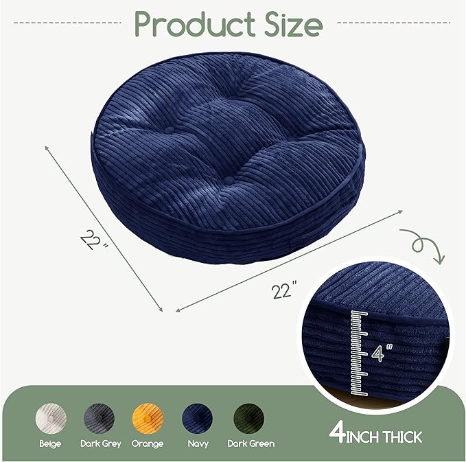 HIGOGOGO Washable Floor Pillow Cushion for Adults, Meditation Cushion Pillow, Large Round Floor Sitting, Removable Tufted Corduroy Cover, for Tatami Living Room or Yoga, 22x22 Inch, Machine Washable