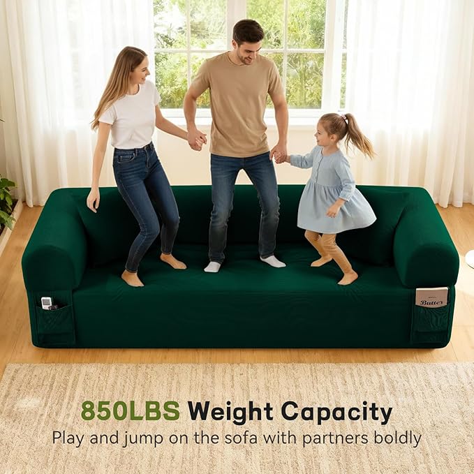 GJQ 3 Seater Boneless Couches for Living Room,Corduroy Couch with 2 Pillows & Storage,Memory Foam Couch in a Box,Compressed Floor Sofa with Armrests,No Assembly Required Cloud Sofa,Green