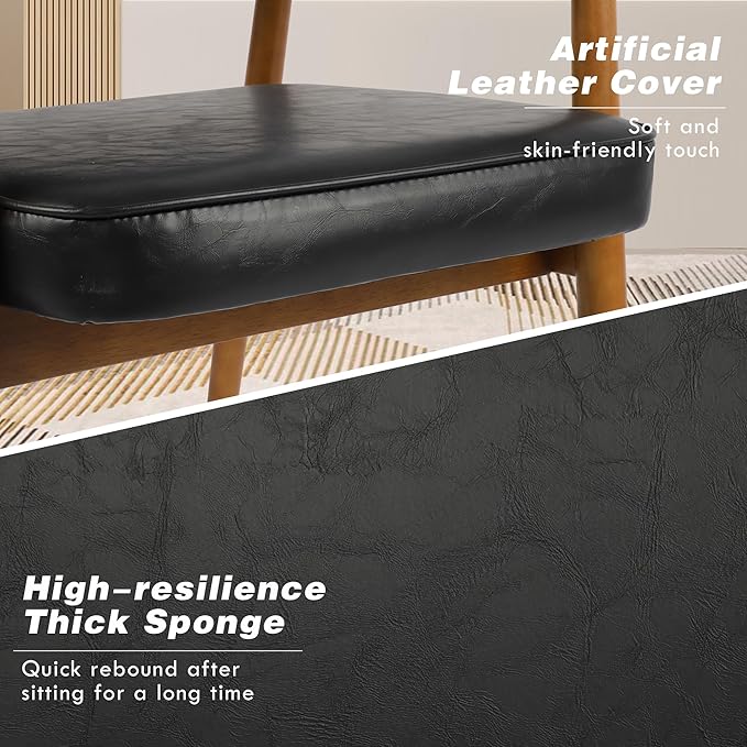 LSSPAID Mid Century Dining Chairs with Wooden Handrail, Black Fabric Upholstered Faux Leather Armchair Comfy Backrest Modern Kitchen Chairs for Bedroom Living Room Dining Room, Set of 2