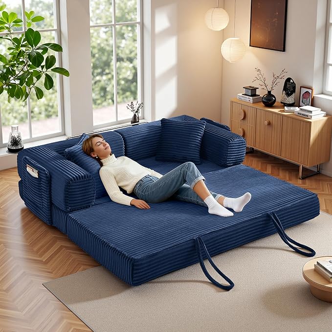 Chorlenimi Boneless Couch Futon Sofa Bed Sectional Couches for Living Room,Cloud Couch with Sleeper Sofa,Sofas for Living Room Oversized Corduroy Upholstered (Blue, 81 Inches (with Iron Frame))