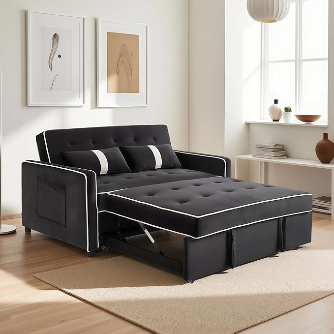 3 in 1 Convertible Loveseat Sleeper Sofa, Modern Futon Couch with Adjustable Backrest, Pull Out Sofa Bed Upholstered for Living Room Bedroom Apartment Small Space (Black)