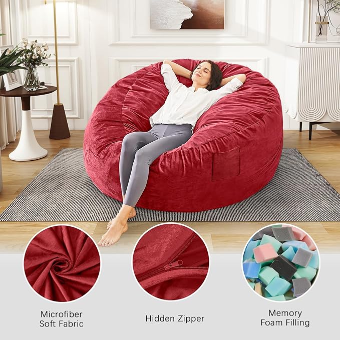 Bean Bag Chairs for Adults - Giant Bean Bag Chair Convertible Bean Bag Bed - Beanbag Chair with Micro Fiber Cover/Furniture Foam Filler - Floor Couch Sofa in Bedroom Dorm Room - Queen Red