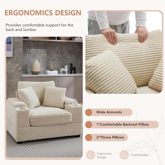50" Oversized Chaise Lounge Chair Indoor with Ottoman and Storage, Deep Seat Upholstered Reading Chair, Comfy Corduroy Sleeper Chair with Cup Holder, Reclining Chair for Living Room, Bedroom, Beige