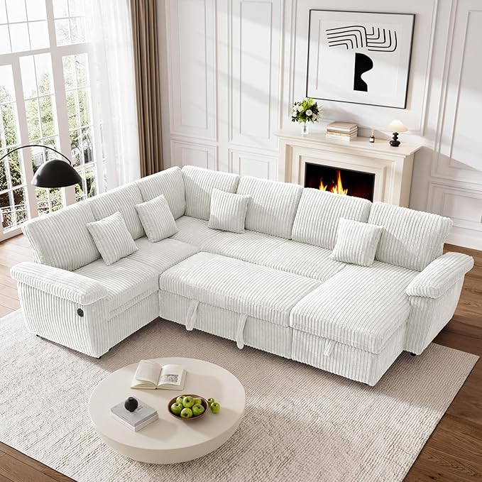 Modular Sectional Sleeper Sofa with Pull Out Bed, Storage Chaise & USB Charging, U Shaped Plush Corduroy Beige Sectional Couches for Living Room, Comfy Convertible 7 Seat Cloud Sofa Bed, Beige