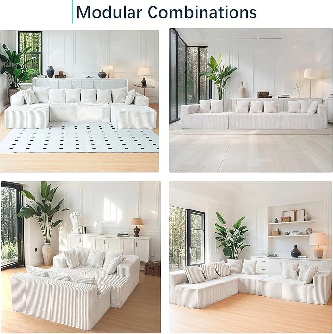 130" Boneless Couch, Cloud Couch Sectional, Corduroy Sofa for Living Room, U Shaped Modular Sofa with Chaise, No Assembly, 4 Seats Oversized (White)