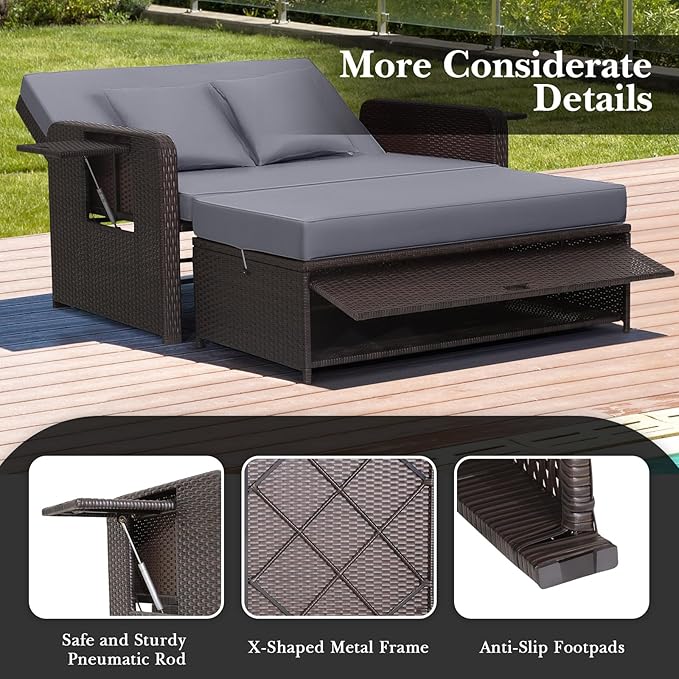 RELAX4LIFE Wicker Patio Outdoor Daybed - Rattan Day Bed Lounger w/Loveseat & Storage Ottoman, Sunbed Sofa Set w/Cushions, 4-Level Adjustable Backrest & 2 Retractable Trays, Patio Daybed (Grey-Brown)