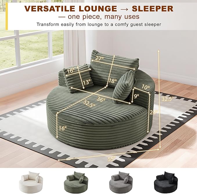 55'' Oversized Round Boneless Chaise Lounge Chair Indoor, Upholstered Corduroy Deep Seat Cloud Large Circle Sofa Couches Bed Corduroy Modern Floor No Assembly Sleeper Bed for Living Room, Bedroom
