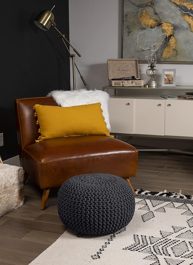 BIRDROCK HOME Round Pouf Ottoman | Cotton Braided Foot Stool with Bean Bag Filling | Boho Foot Rest for Living Room & Bedroom | Compact & Comfortable Seating, Lightweight & Soft | Charcoal