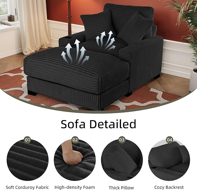 Oversized 60" Chaise Lounge Chair with Adjustable Backrest, Solid Wood Frame Corduroy Upholstery, Cup Holder USB & Type-C Port, 2 Pillows Sleeper Couch Deep Seat for Living Room, Bedroom, Black