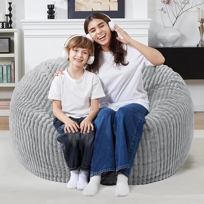 Homguava 3 FT Bean Bag Chair,3' Big Bean Bag,Large Bean Bag Chairs for Adults with Memory Foam Filled,Comfy Beanbag Chairs Soft Bean Bag Sofa with Dutch Corded Plush Cover-Light Grey
