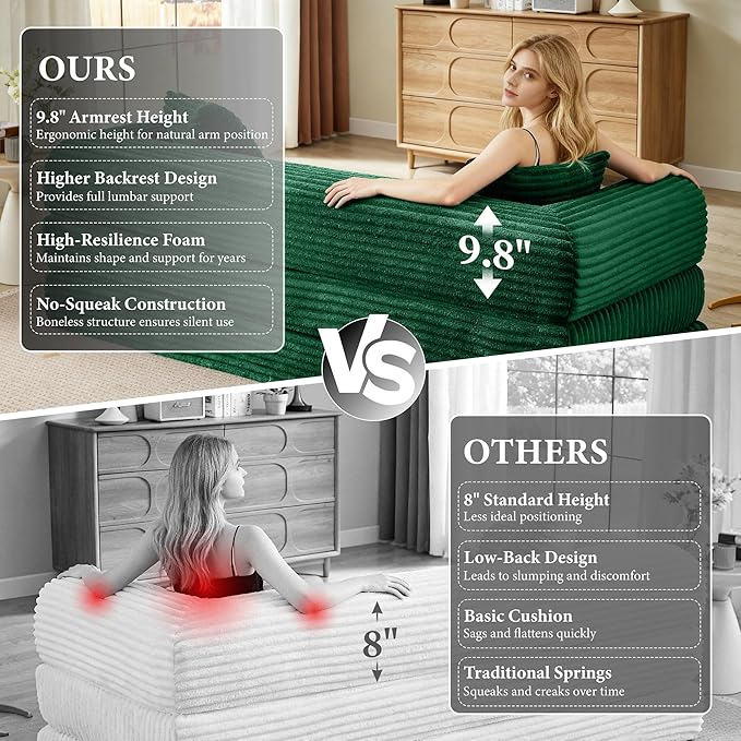 Chorlenimi Boneless Couch Futon Sofa Bed Sectional Couches for Living Room,Cloud Couch with Sleeper Sofa,Sofas for Living Room Oversized Corduroy Upholstered (Green, 76 Inches (No Iron Frame))