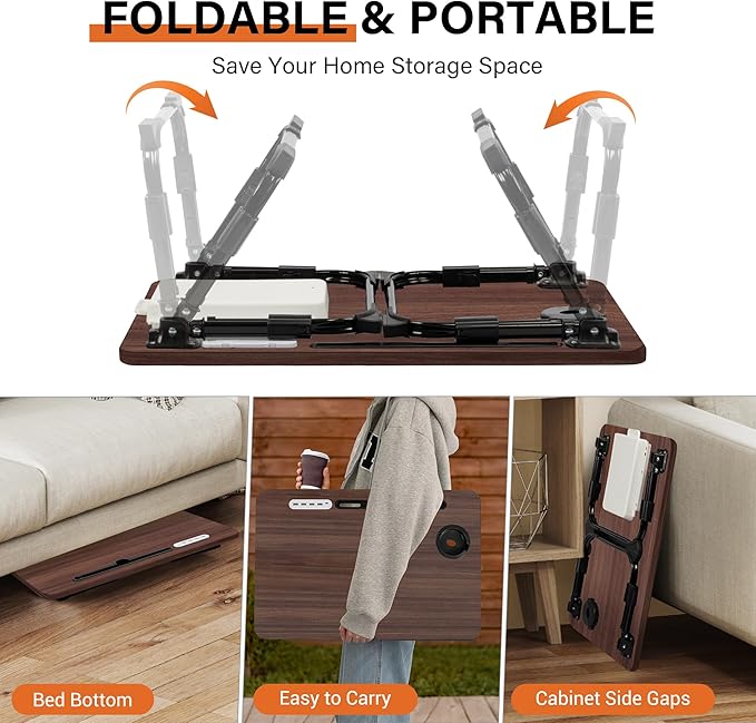 DECOSIS Laptop Desk for Bed Height Adjustable, Lap Bed Table with USB/Storage Drawer/Cup Holder/Tablet Stand/Book Shelf, Foldable Breakfast Tray Portable for Reading Writing, Sofa & Floor, Walnut