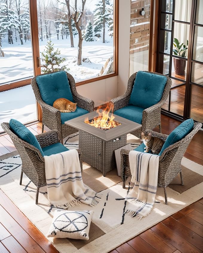 ACTREST Outdoor Patio Chairs with Fire Pit Table 5 Piece Set - High Back Brown Wicker Rattan Lawn Chair with Thick Cushion for Porch Apartment Deck Yard Poolside Garden - Peacock Blue