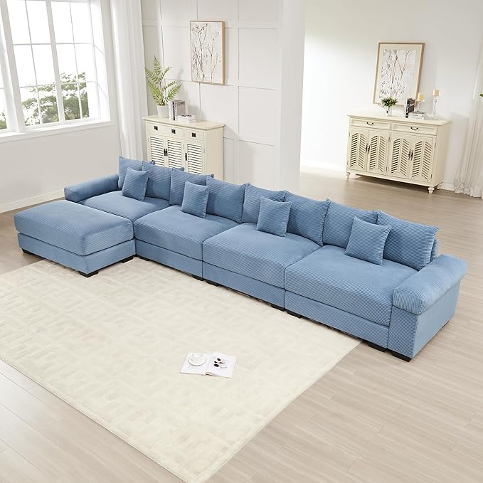 KEIKI 168" L-Shaped Oversized Corduroy Modular Cloud Sectional Sofa with 1 Ottoman, High-Density Foam Cushion, Extra-Thick Armrest, 4-Seater Fluffy Corner Couch with 12 Pillow, for Living Room, Blue