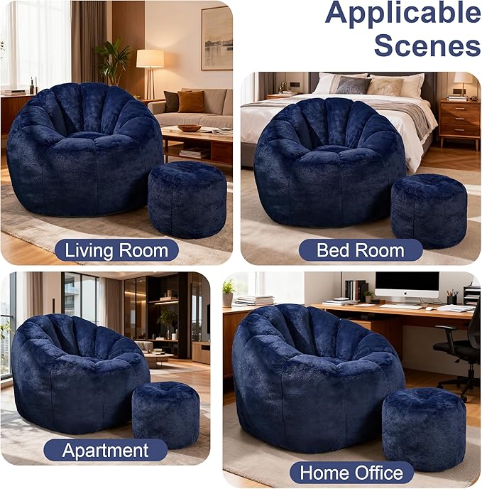 Pumpkin Shaped Bean Bag Chair with Ottoman, Gaint Bean Bag Chair for Adults, Faux Rabbit Fur Comfy BeanBag Floor Sofa Chair for Reading, Playing, Relaxing, Dark Blue