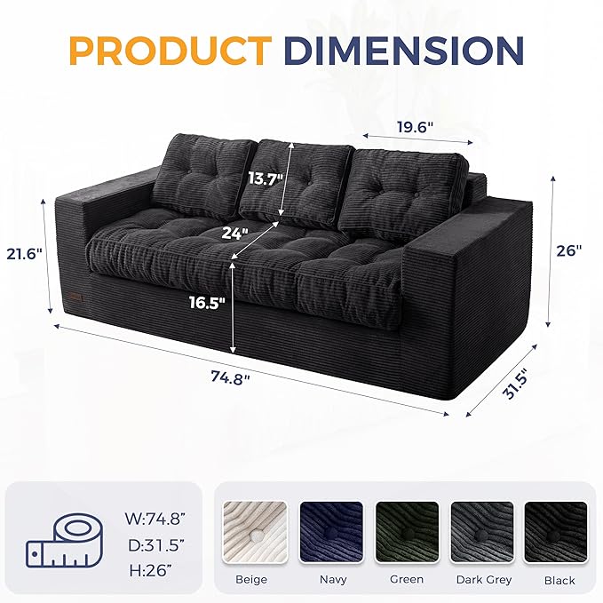 MAXYOYO 3 Seater Couch for Living Room, Boneless Couch with Tufted Cushion & Backrest, Upholstered Floor Sofa for Adults, No Assembly Required, Black