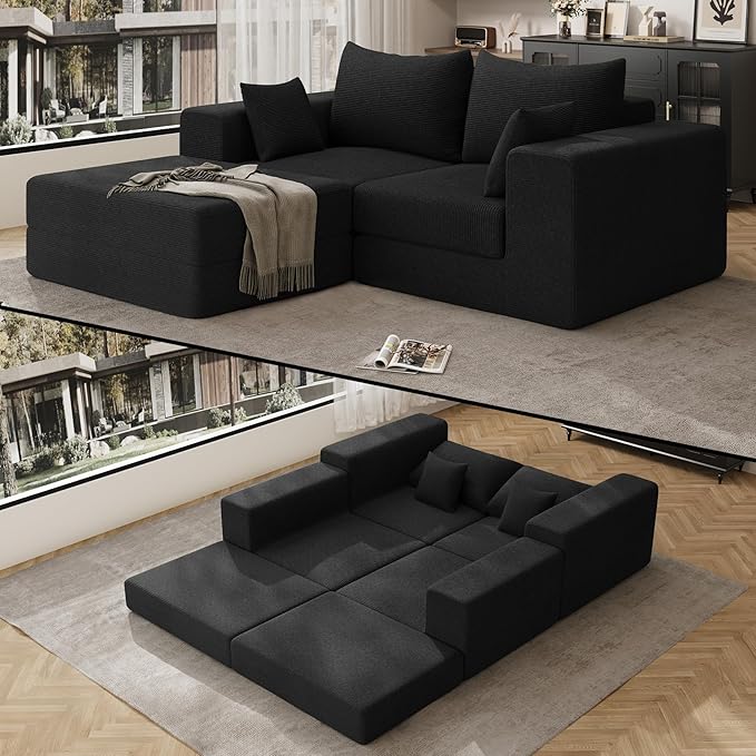DAMAIFROM 80" Convertible Sleeper Sofa Bed with Soft Pillow, Corduroy Folding Mattress Couch with L-Shape Chaise, Modular Floor Sofa Lounge Couch for Living Room Bedroom Lounge (Black)