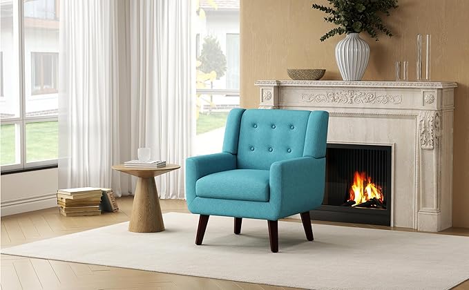 Accent Chairs, Mid-Century Modern Upholstered Living Room Armchair, Comfy Oversized Linen Fabric Single Reading Arm Chair with Tufted Back and Wood Legs for Bedroom, Club (1, Lake Blue)