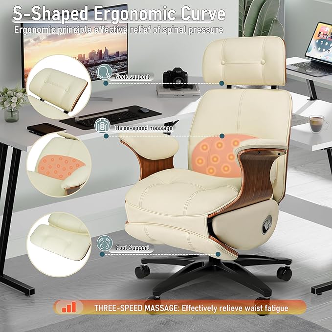 Genuine Leather Office Chair with Electric Reclining, Footrest, Lifting and Massage Function, 350lbs Capacity Ergonomic Executive Chair with Alu Base and 360° Wheels for Home Living Room
