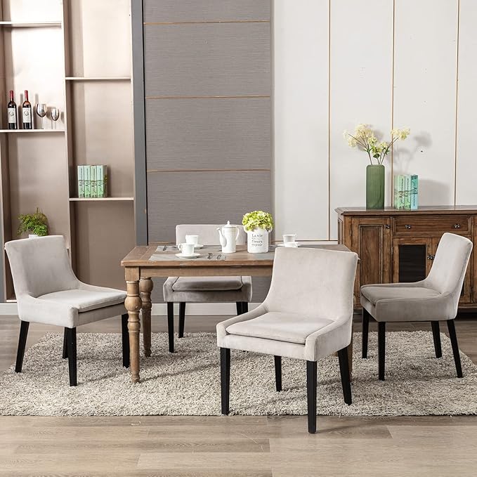 Modern Dining Chairs Set of 6, Upholstered Corduroy Dining Room Chairs with Wood Legs, Mid-Back Padded Kitchen Side Chairs for Dining Room, Beige