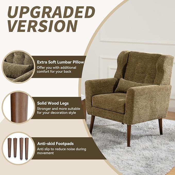 QKFF Modern Accent Chair, Upholstered Armchair with Pillow, Fabric Single Sofa Chair with Lounge Seat and Wood Legs Accent Chair for Living Room Bedroom Small Spaces (Avocado, Set of 2)