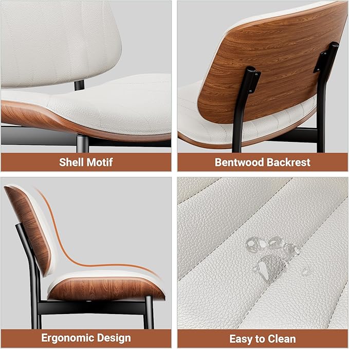YaFiti Dining Chairs Set of 6, Dining Room and Kitchen Chairs, Mid Century Modern Accent Chair, Upholstered PU Leather Chairs for Vanity with Walnut Bentwood and Metal Legs, Beige