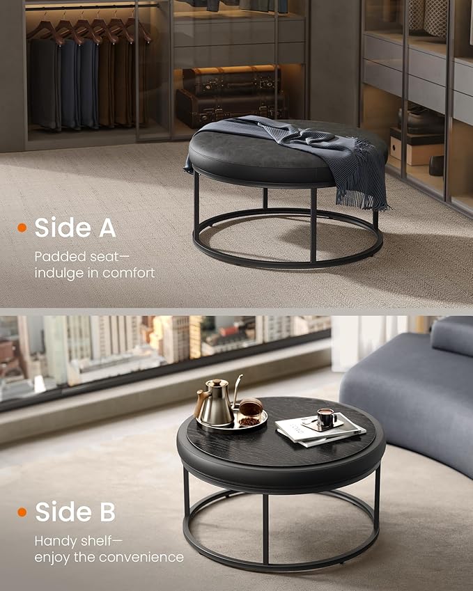 SONGMICS HOME LUIZ Collection - Ottoman, Round Coffee Table, Footstool, Reversible Top, Padded Seat, Side Table, Minimalist, Steel Frame, Max. Load 660 lb, for Living Room, Ink Black ULOM078B01