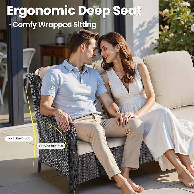 ovios 7 Pieces Patio Furniture Set, Outdoor Wicker Sofa Couch with Swivel Chairs 42" Fire Pit Table, High Back Modern All Weather Conversation Sets, Brown Rattan, Beige