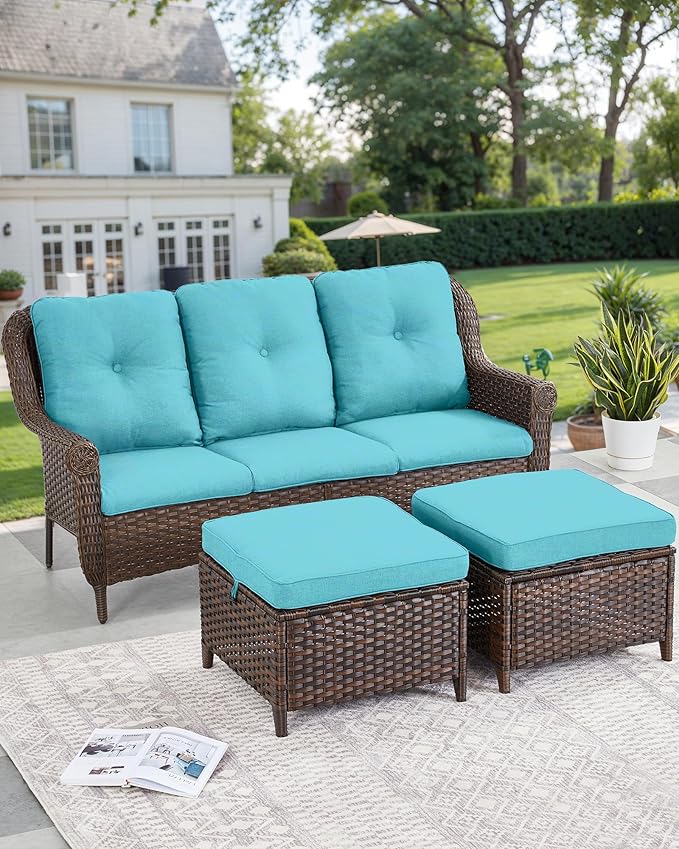 Patio Sofa Outdoor Wicker Couch - Heavy Duty All-Weather Brown Rattan 3-Seater with High Back and Comfortable Thick Cushions for Garden Back Porch Poolside Apartment - Turquoise