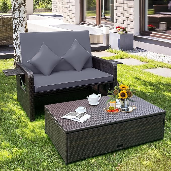 RELAX4LIFE Wicker Patio Outdoor Daybed - Rattan Day Bed Lounger w/Loveseat & Storage Ottoman, Sunbed Sofa Set w/Cushions, 4-Level Adjustable Backrest & 2 Retractable Trays, Patio Daybed (Grey-Brown)