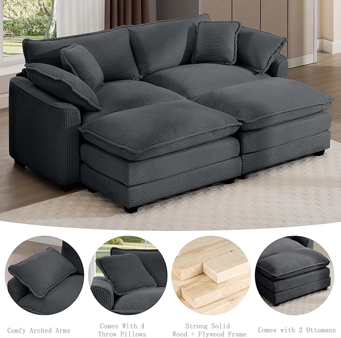 Aoowow Oversized Loveseat Couch with Ottomans,Modern Corduroy 2 Seater Cloud Couches for Living Room,Modular Sectional Cloud Sofas Deep Seat,Double Lounger Sleeper Sofa