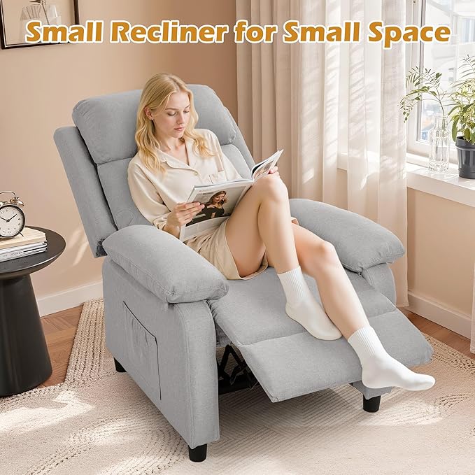 Recliner Chair, Living Room Chairs for Adults, Padded Deep Seat Reading Chair with Side Pockets, Small Recliners for Small Spaces, Lounge Chair for Living Room, Bedroom, and RV (Linen)