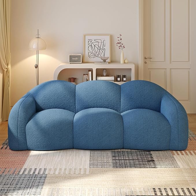 WJShome 90" Modern Curved Upholstered Cloud Couch, Deep Seat 3 Seater Bubble Couch, Cozy Boneless Plush Teddy Velvet Couches for Living Room, Bedroom, Apartment (Blue)
