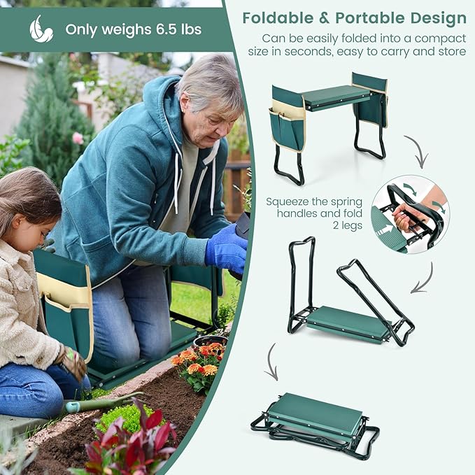 ReunionG Garden Kneeler and Seat, Foldable Garden Stool with Thick Kneeling Pad & Tool Bag, Heavy Duty 2 in 1 Gardening Bench for Seniors, Women, Parents