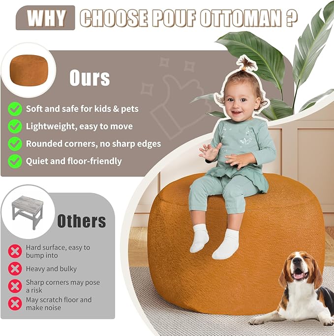 Gericco Round Pouf Ottoman Foot Rest, 29 X 18Inch Floor Poufs Footstool, A Round Modern Foam Filled Foot Stool for Living Room, Home, Nursery, Dorm, Outdoor (Orange, 29Inch)