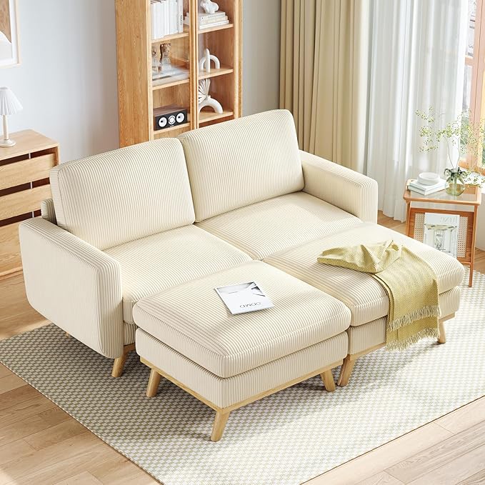 Vesgantti 68" Loveseat Sofa with Movable Ottoman, Comfy Corduroy Couch with Spring Cushion, Sofa Couch with Solid Wood, Modern Office Sofa with Deep Seat for Living Room and Bedroom, Beige