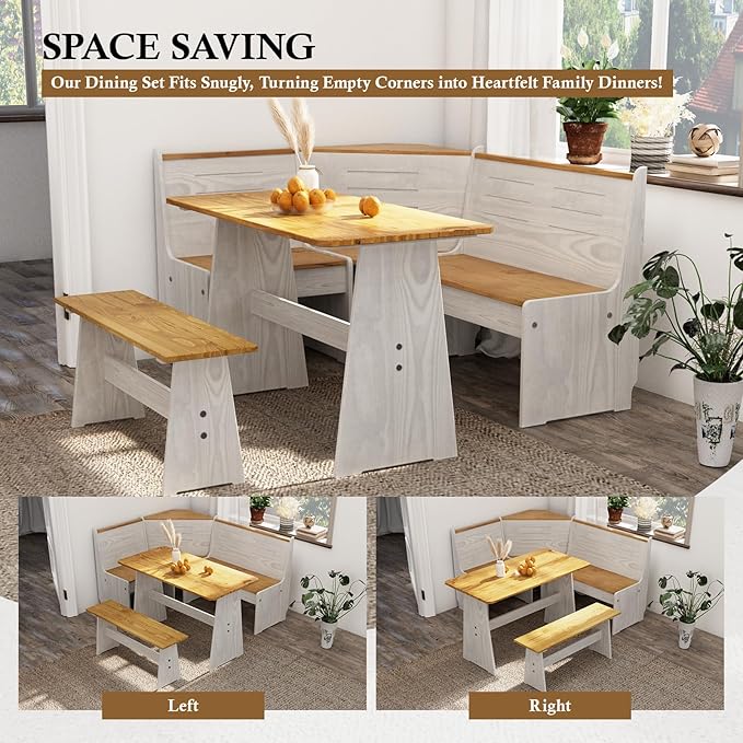 Breakfast Nook Dining Table Set – L-Shaped Kitchen Nook Booth with Bench Seating, Farmhouse Corner Dining Table for Small Spaces, White Wood Dining Room Nook Furniture