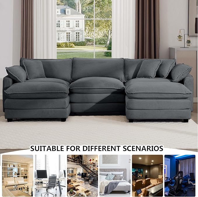 Aoowow Corduroy 3 Seater Couch with Ottomans,Modern Large Cloud Couches for Living Room,U Shaped Modular Sectional Cloud Sofas Deep Seat,U Shape Oversized Tufted Sofa Set (Grey, 3 Seater + 2 Ottoman)