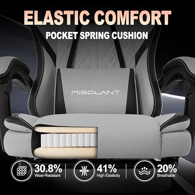 Misolant Gaming Chair, Fabric Gamer Chair with footrest for Adults, High Back Ergonomic Computer Game Chair with Adjustable Headrest and Massage Lumbar Support, 90-155° Recline Free, Gray