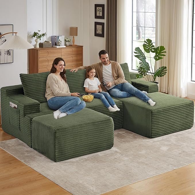 96" U-Shape Cloud Couch, Modern Modular Sectional L-Shape Sofa with Ottoman, Corduroy Upholstered Couches Deep Seat Sleeper Chaise Longue for Living Room, No Assembly Required(Green, Right Facing)