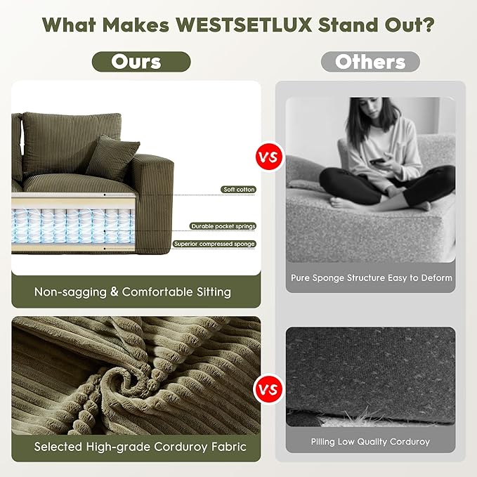 WESTSETLUX 108” Cloud Sectional Sofa Couch with High-Seat, Corduroy Modular Sofa with Oversized Chaise, High-Back Modern L-Shaped Couches for Living Room, No Assembly Required (Green)