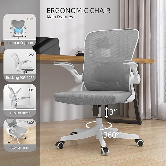 Monhey Office Chair Ergonomic Desk Chair with Lumbar Support&Headrest&Flip-up Arms Height Adjustable Rocking Swivel Computer Chair Multi-Angle from 90° to 125° with 350LBS Capacity (01White+Gray)